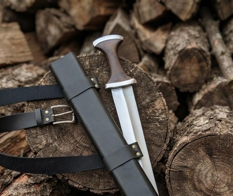 Handmade High Carbon Steel Medieval Short Sword with Leather Scabbard, Viking Replica Collector Piece