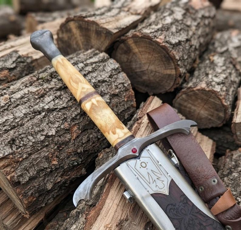 Hand-Forged Damascus Sword, Engraved Bone Handle, Medieval Fantasy Collectible