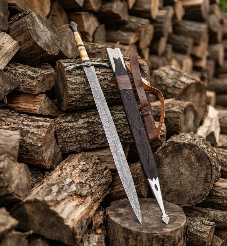 Hand-Forged Damascus Sword, Engraved Bone Handle, Medieval Fantasy Collectible