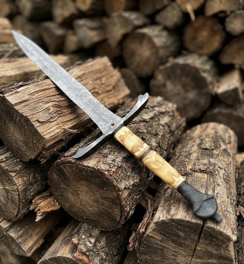 Hand-Forged Damascus Sword, Engraved Bone Handle, Medieval Fantasy Collectible