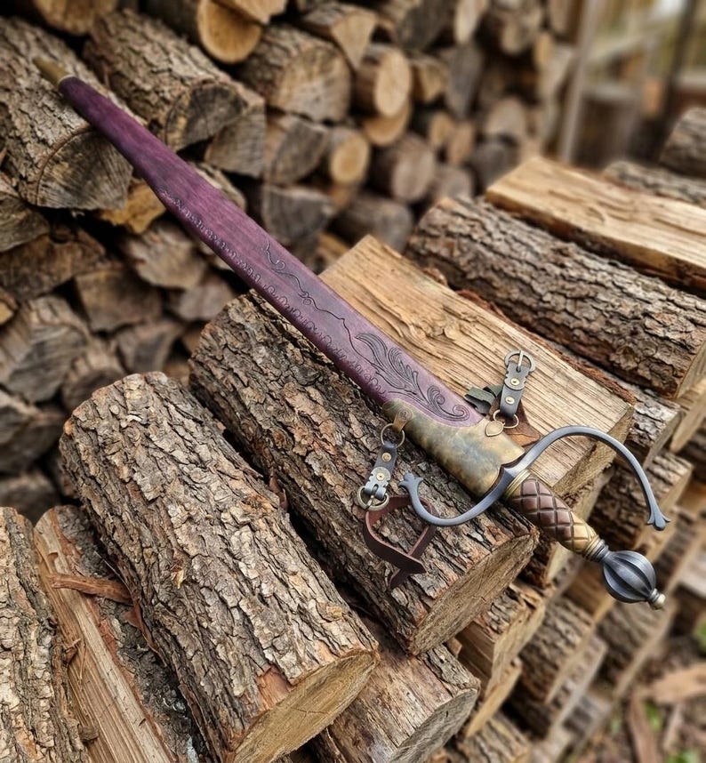 Hand Forged European Sword – Damascus Steel Engraved Scabbard, Medieval Collector’s Blade