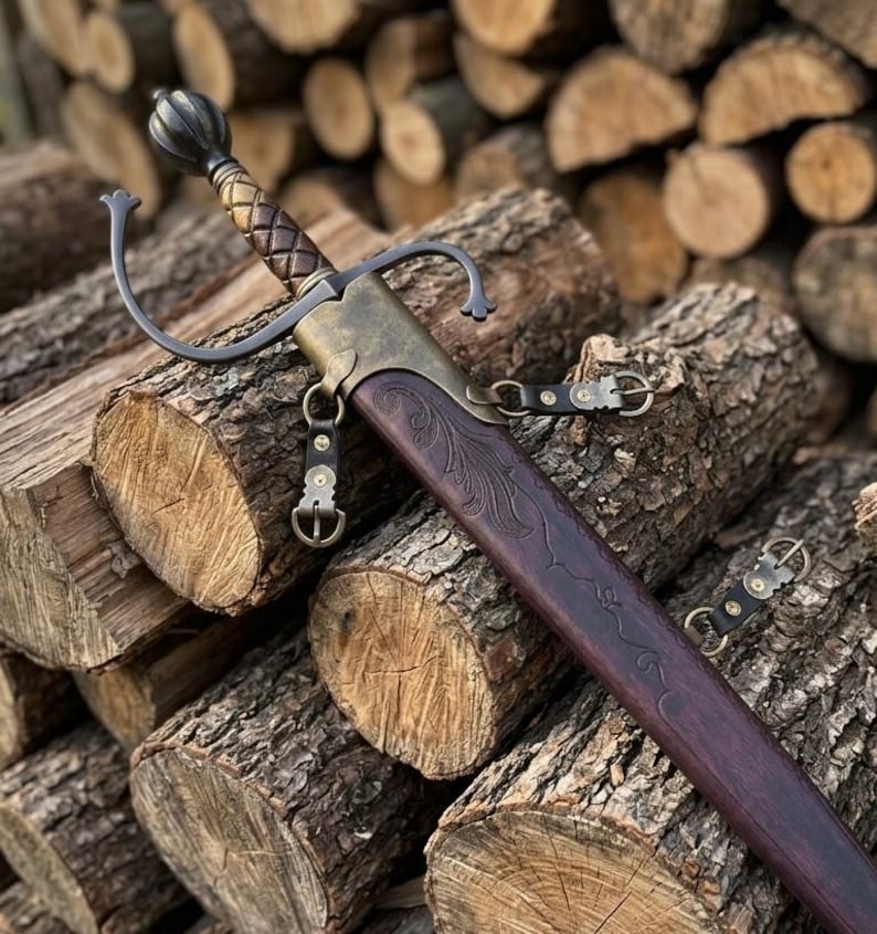 Hand Forged European Sword – Damascus Steel Engraved Scabbard, Medieval Collector’s Blade