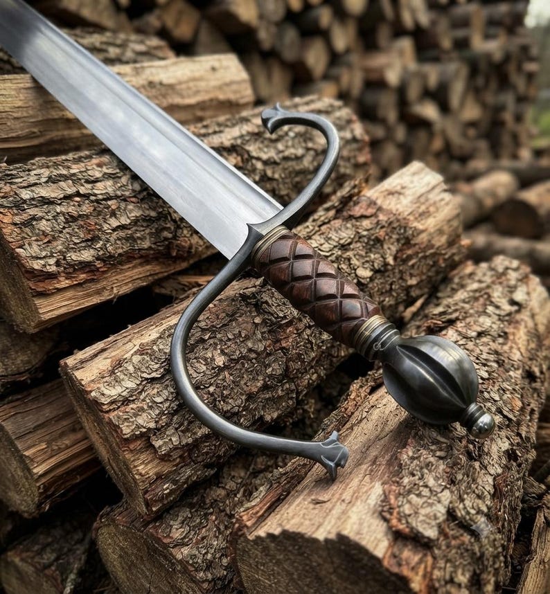 Hand Forged European Sword – Damascus Steel Engraved Scabbard, Medieval Collector’s Blade