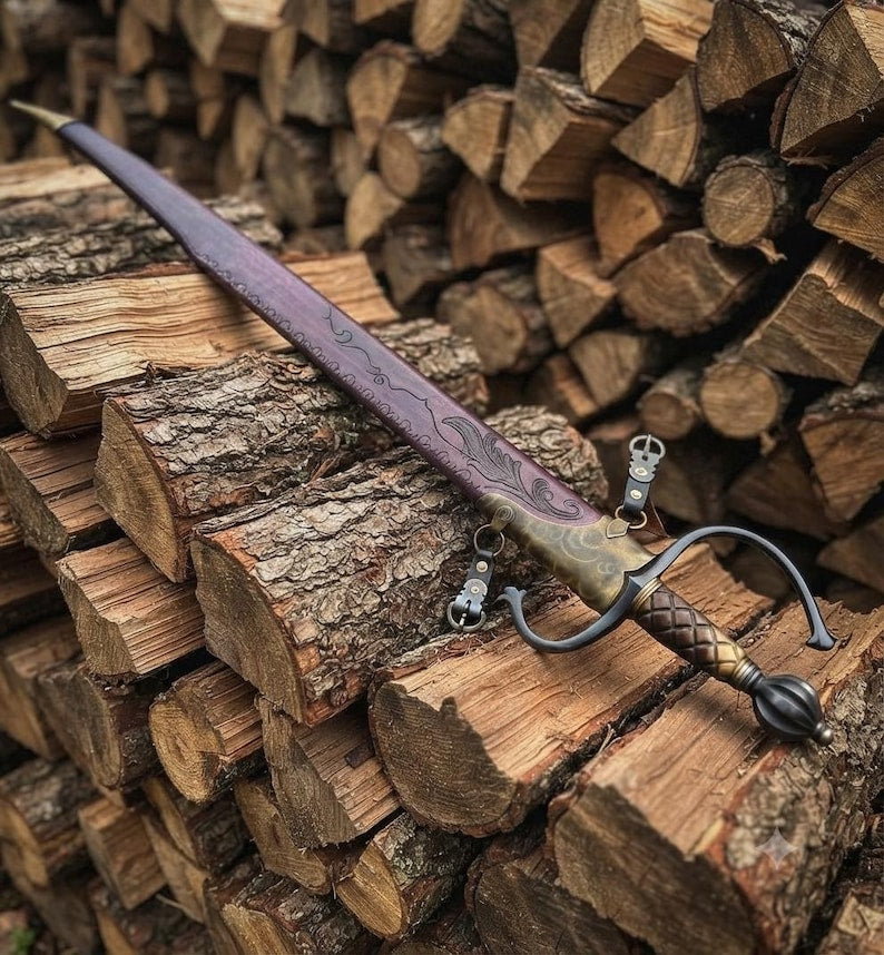 Hand Forged European Sword – Damascus Steel Engraved Scabbard, Medieval Collector’s Blade
