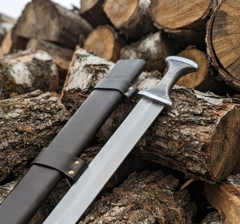Handmade High Carbon Steel Medieval Short Sword with Leather Scabbard, Viking Replica Collector Piece