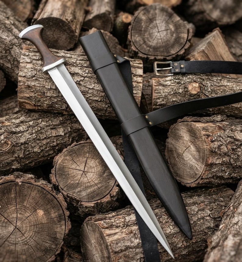 Handmade High Carbon Steel Medieval Short Sword with Leather Scabbard, Viking Replica Collector Piece