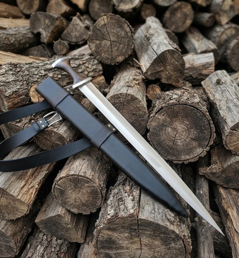 Handmade High Carbon Steel Medieval Short Sword with Leather Scabbard, Viking Replica Collector Piece