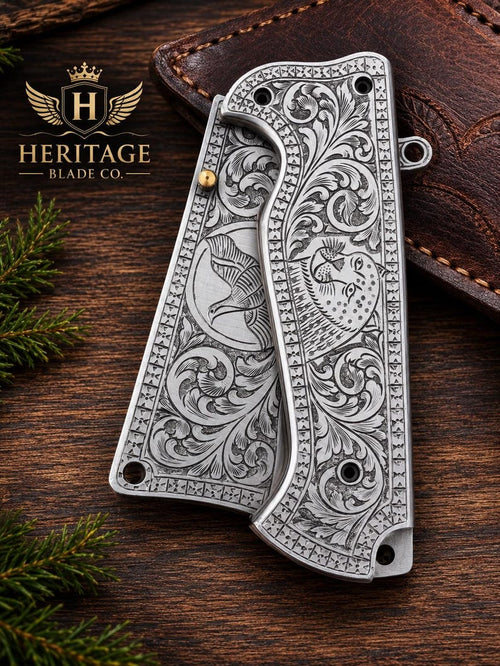 Custom Hand Engrave Pocket/Folding EDC Knife,  Collector, Camping Grooms, Friend , Father Day Gift With Leather Sheath