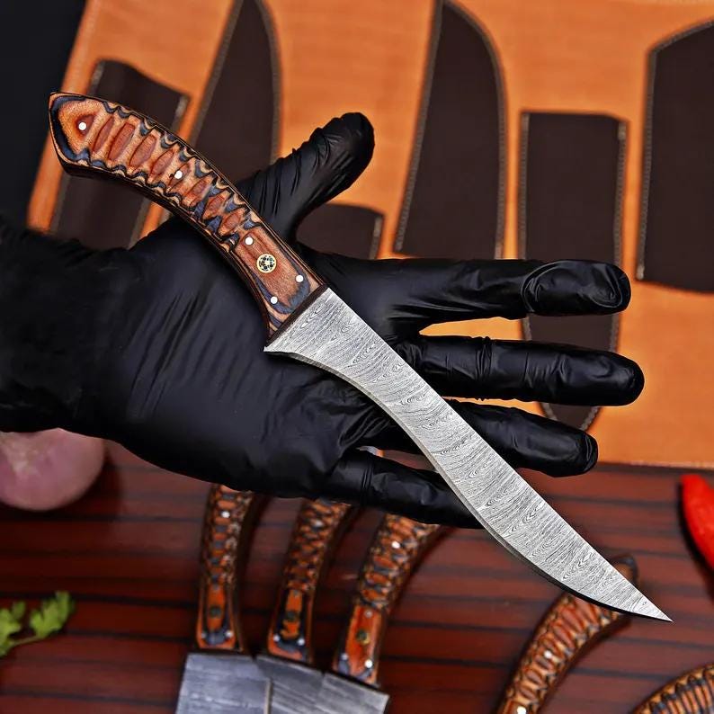Handmade Damascus Chef Knife Set, 6 Piece Kitchen Knife Collection, Blue Wood Handles, Leather Sheath