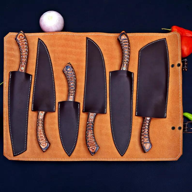 Handmade Damascus Chef Knife Set, 6 Piece Kitchen Knife Collection, Blue Wood Handles, Leather Sheath