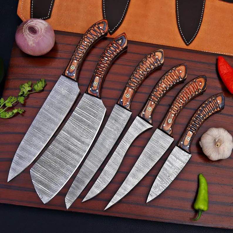 Handmade Damascus Chef Knife Set, 6 Piece Kitchen Knife Collection, Blue Wood Handles, Leather Sheath