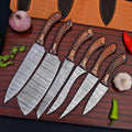 Handmade Damascus Chef Knife Set, 6 Piece Kitchen Knife Collection, Blue Wood Handles, Leather Sheath