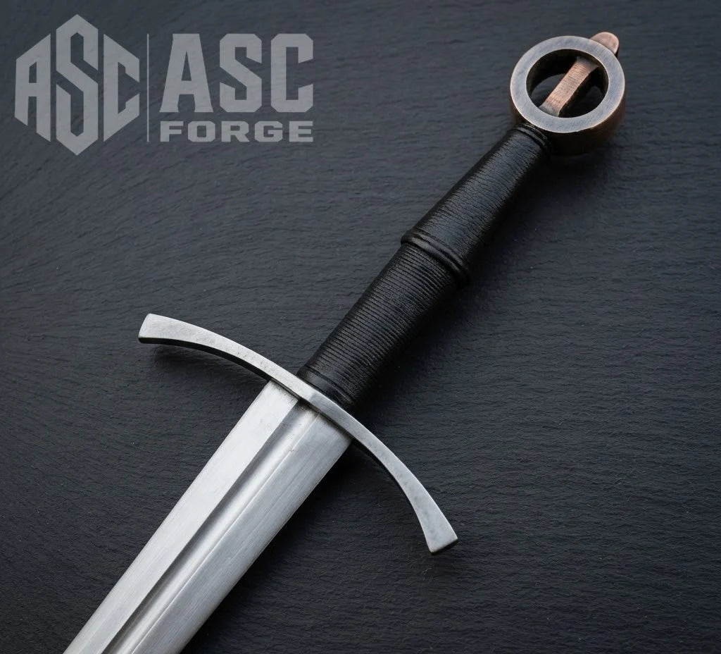 Handmade Irish ring sword, full view with leather scabbard