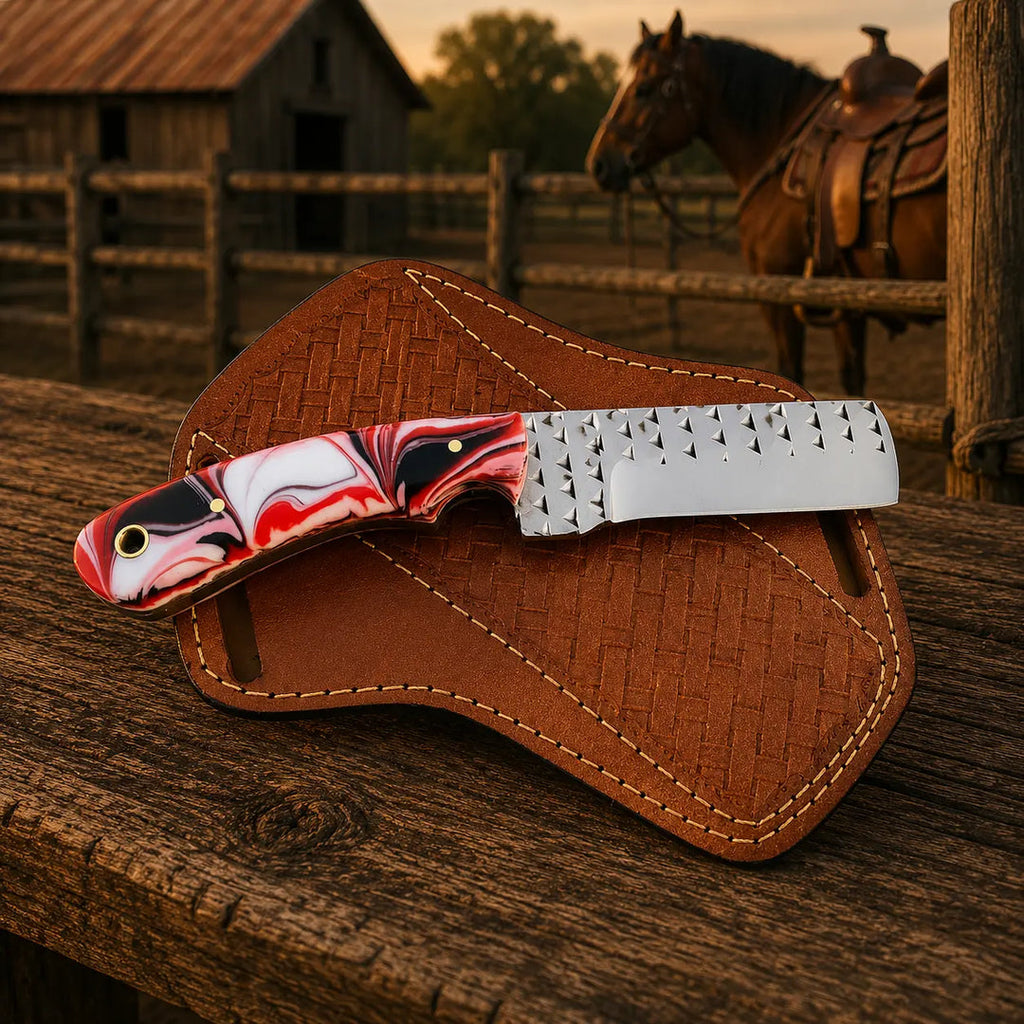 Ironcrest cowboy knife resin handle detail