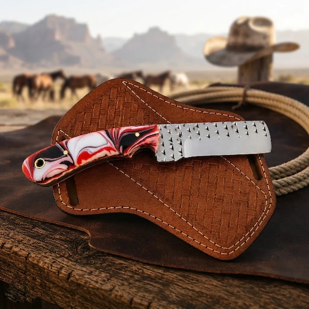 Ironcrest cowboy knife resin handle detail