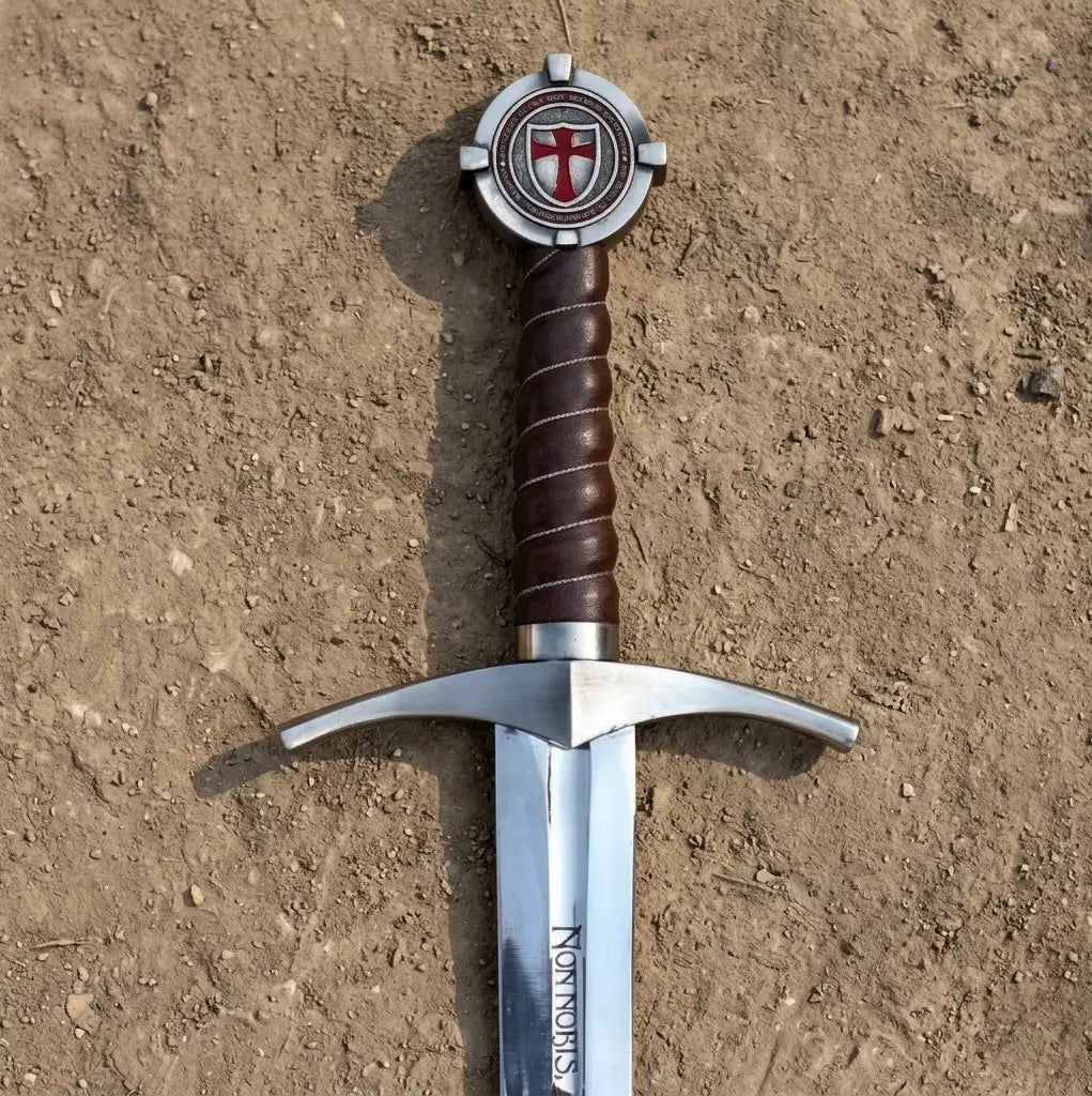 Close-up shot of a medieval Knight Templar sword hilt resting on dirt ground, highlighting a round silver pommel with an inlaid red and white shield cross emblem, a brown leather-wrapped handle with wire wrap, and a polished steel crossguard above a blade engraved with the Latin text "NON NOBIS".