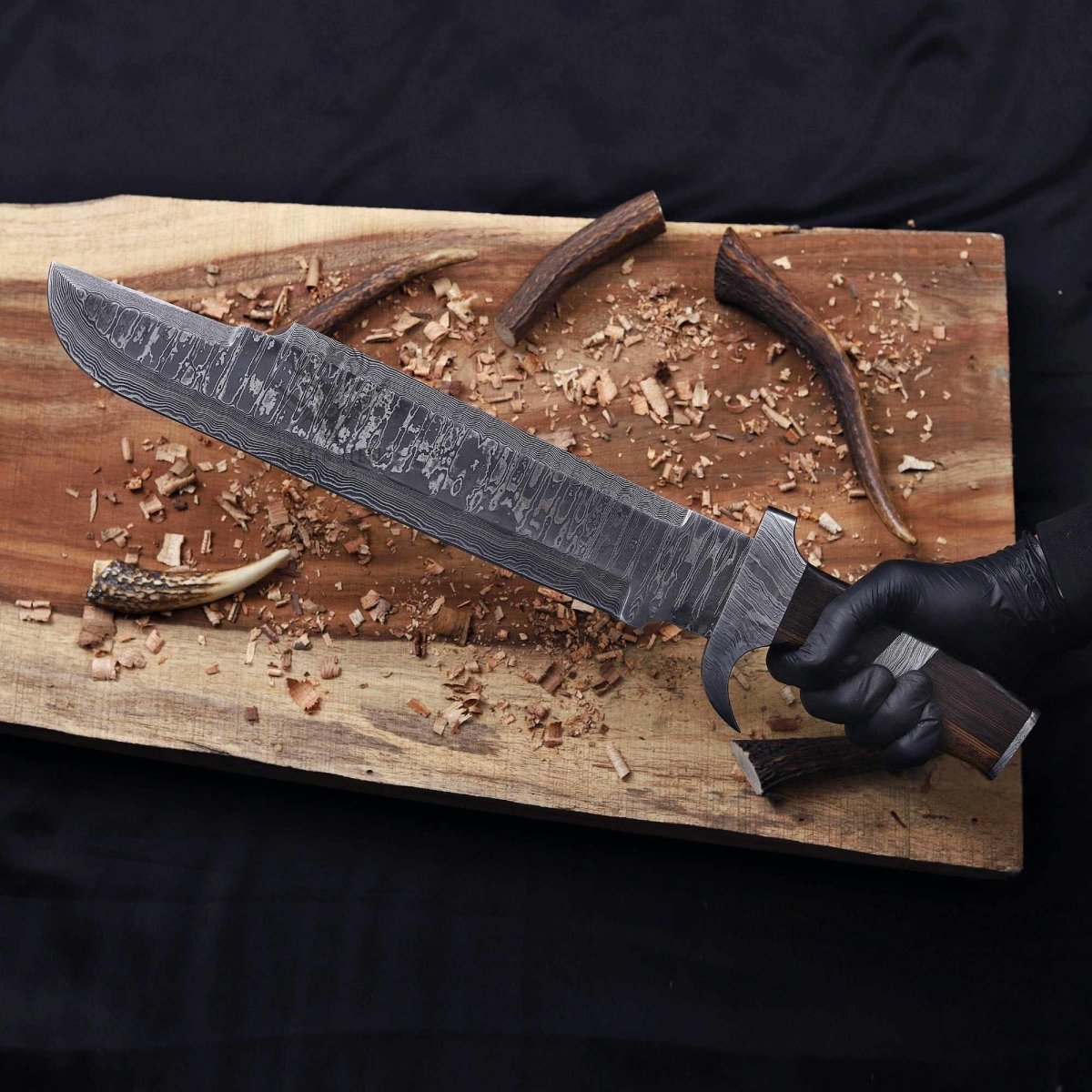 Damascus Bowie Knife – 14" Blade, Wenge Handle, Leather Sheath