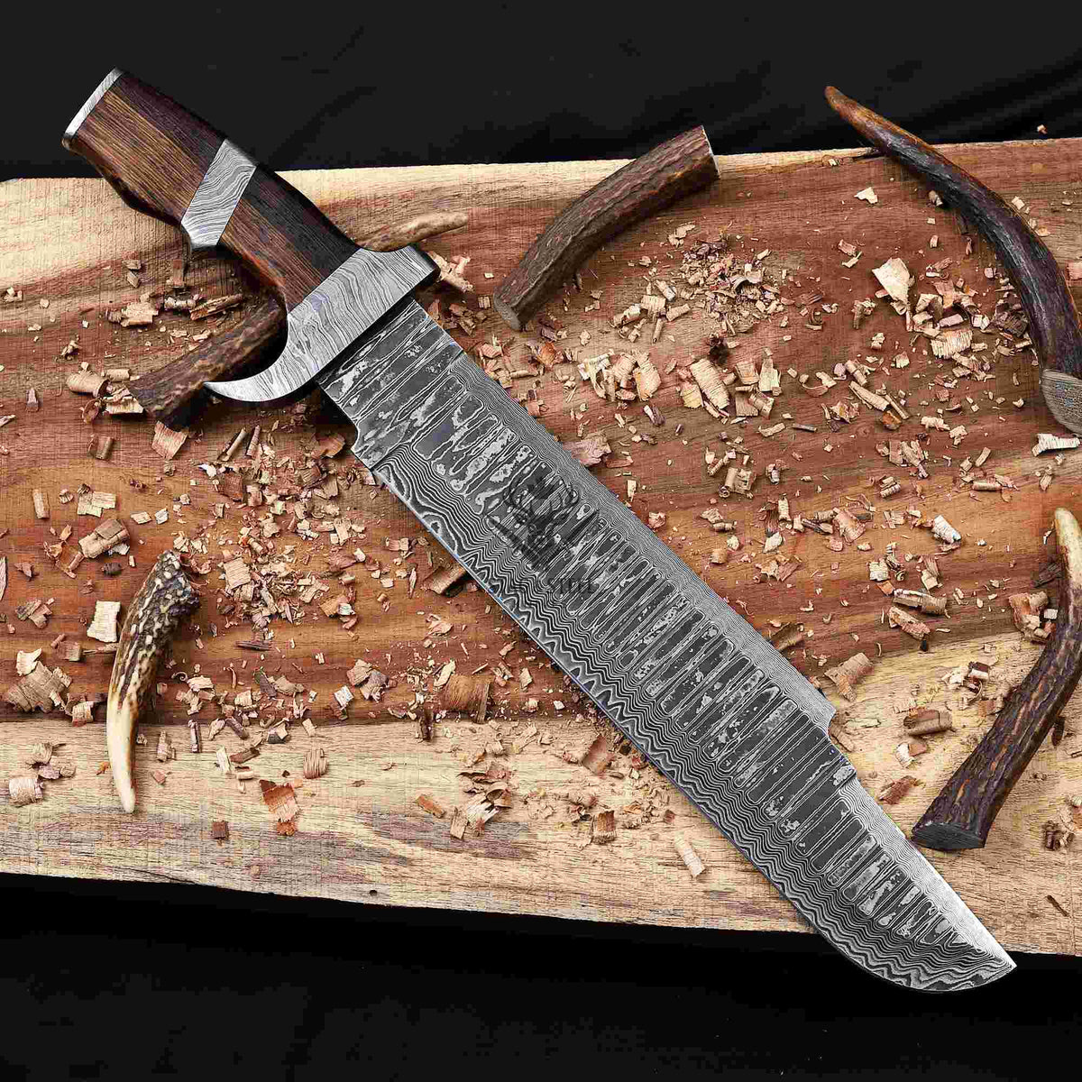 Damascus Bowie Knife – 14" Blade, Wenge Handle, Leather Sheath
