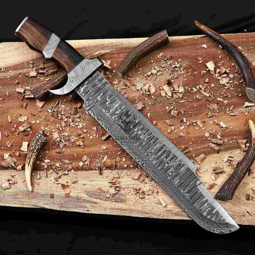 Damascus Bowie Knife – 14" Blade, Wenge Handle, Leather Sheath