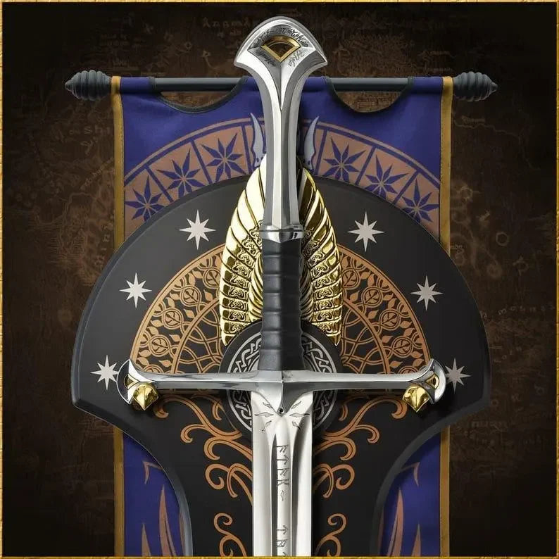 A detailed view of a handmade medieval Ranger King replica sword mounted on an ornate fantasy-themed wooden display plaque.