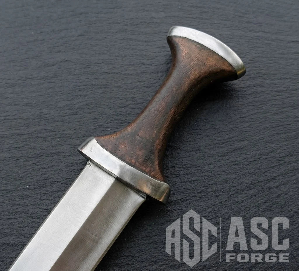 Close-up of the medieval short sword's high carbon steel blade