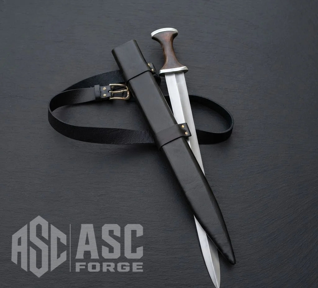 Handmade high carbon steel medieval short sword, full view with leather scabbard