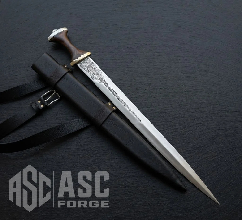 Medieval short sword rosewood handle detail