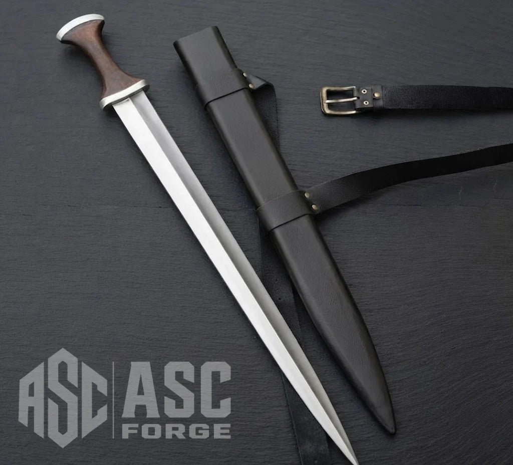 Handmade high carbon steel medieval short sword with leather scabbard, Viking replica collector piece