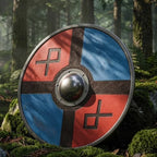 Handmade Viking shield back view, handle and rim detail