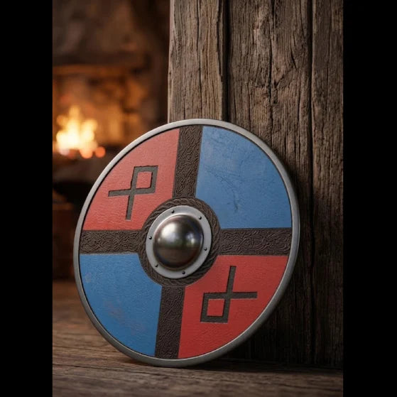 Close-up of the Nordic rune shield's carved details and metal boss