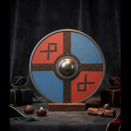 Handmade Nordic rune Viking shield, full view red and blue