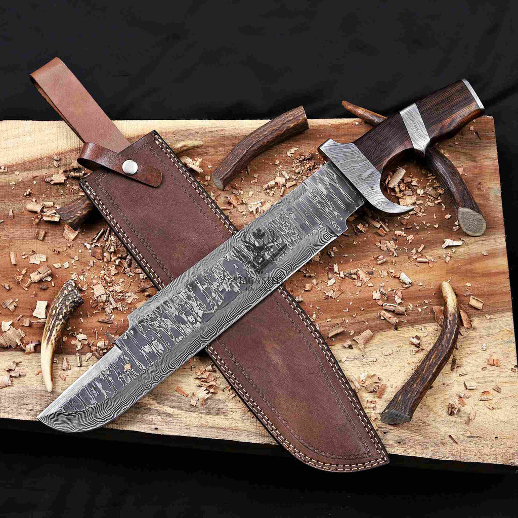Damascus Bowie Knife – 14" Blade, Wenge Handle, Leather Sheath
