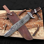 Damascus Bowie Knife – 14" Blade, Wenge Handle, Leather Sheath