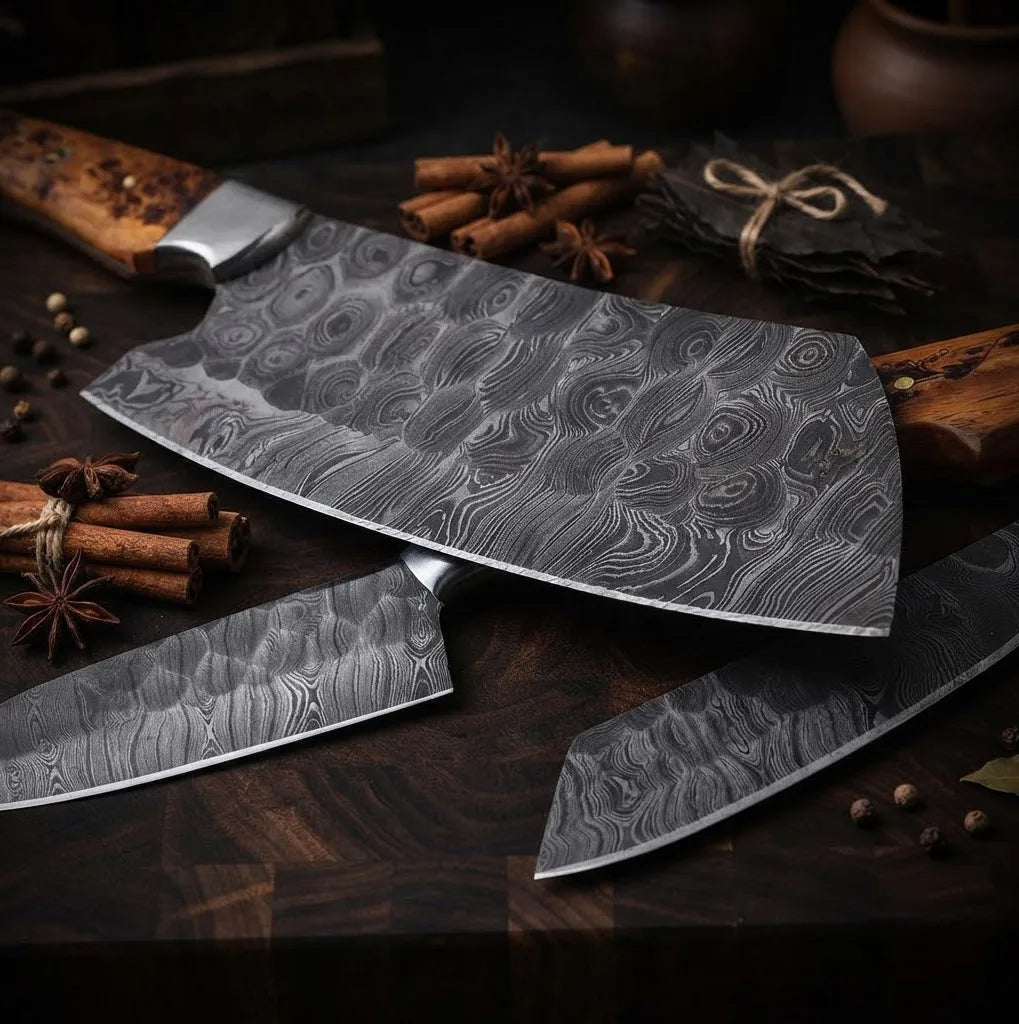 A professional-grade Damascus steel cleaver knife resting on a wooden board, surrounded by cinnamon sticks and spices, highlighting the intricate forged pattern of the blade.
