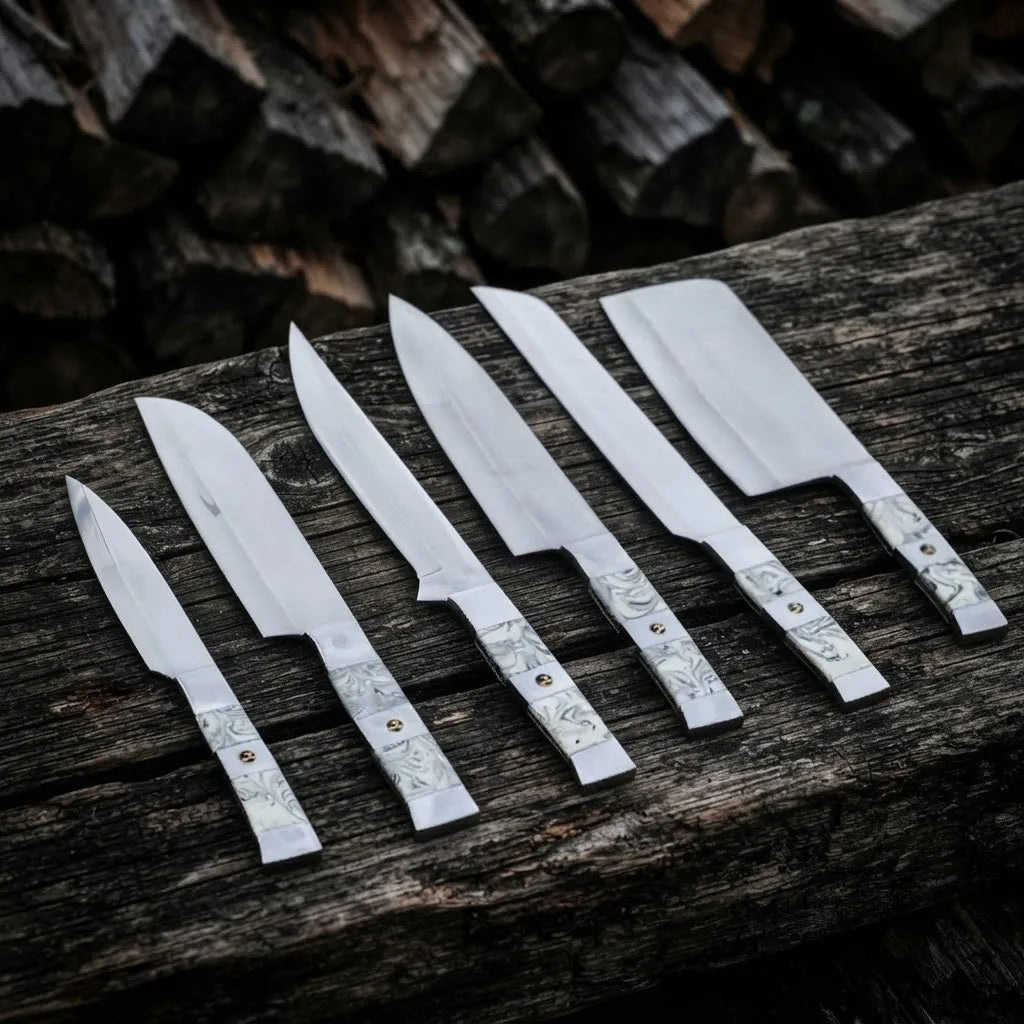 A set of six premium hand-forged kitchen knives featuring elegant marble-patterned resin handles, arranged neatly on a rustic dark wood surface.