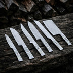 A set of six premium hand-forged kitchen knives featuring elegant marble-patterned resin handles, arranged neatly on a rustic dark wood surface.