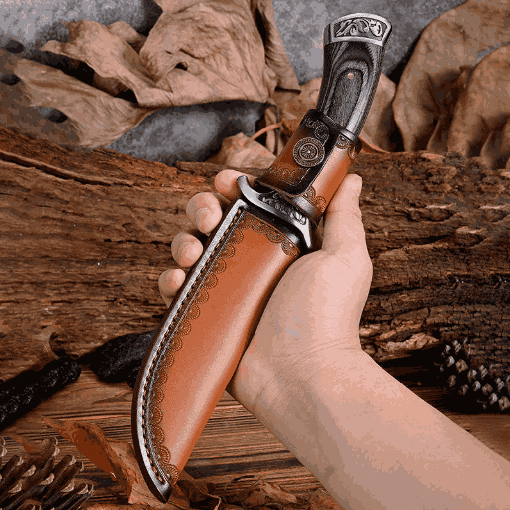 A person holding a handcrafted Damascus knife inside a premium brown leather sheath with embossed scallop borders, displayed against a rustic wood and dry leaf background.
