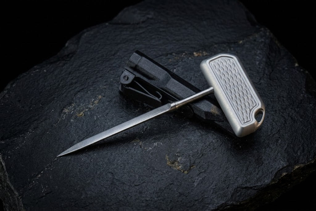 A minimalist titanium push dagger featuring a secure pocket clip for EDC carry, resting on a textured dark surface.