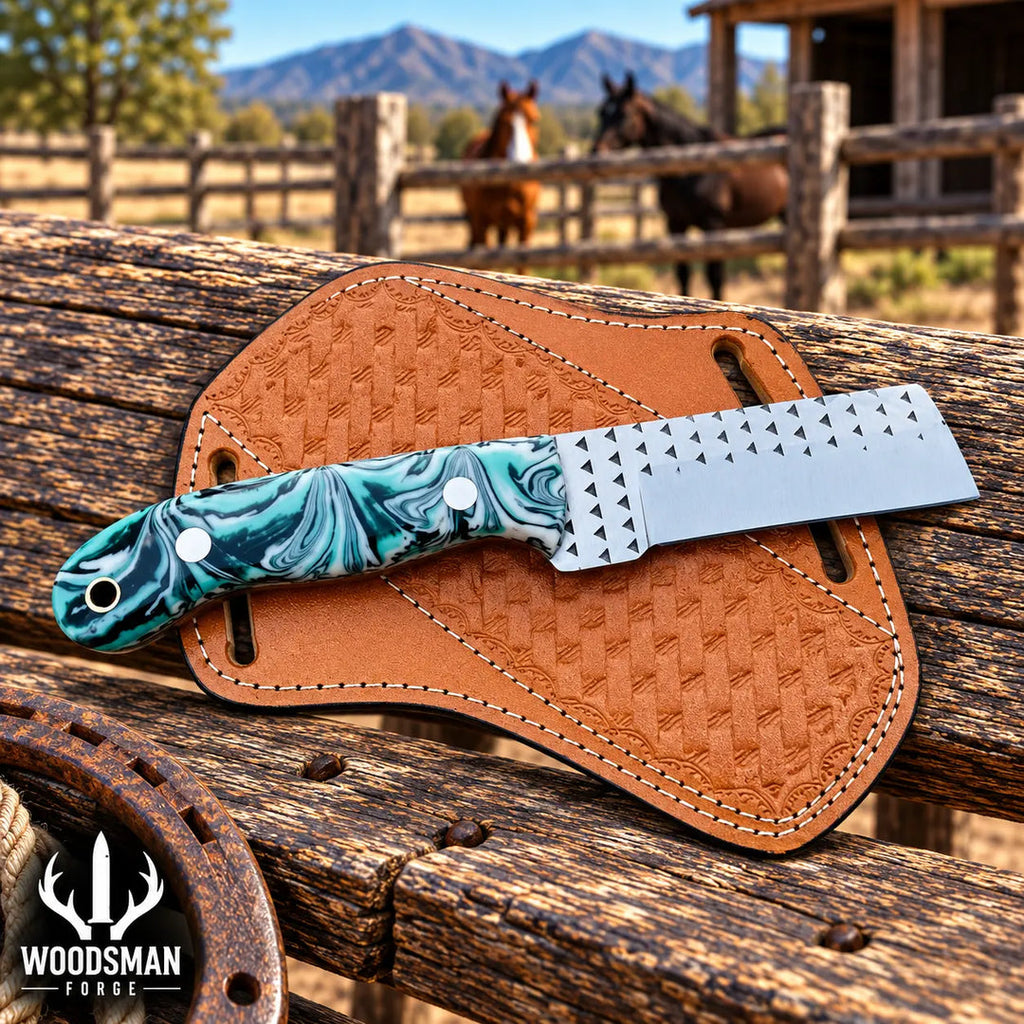 Rangestone cowboy knife with cross-draw leather sheath
