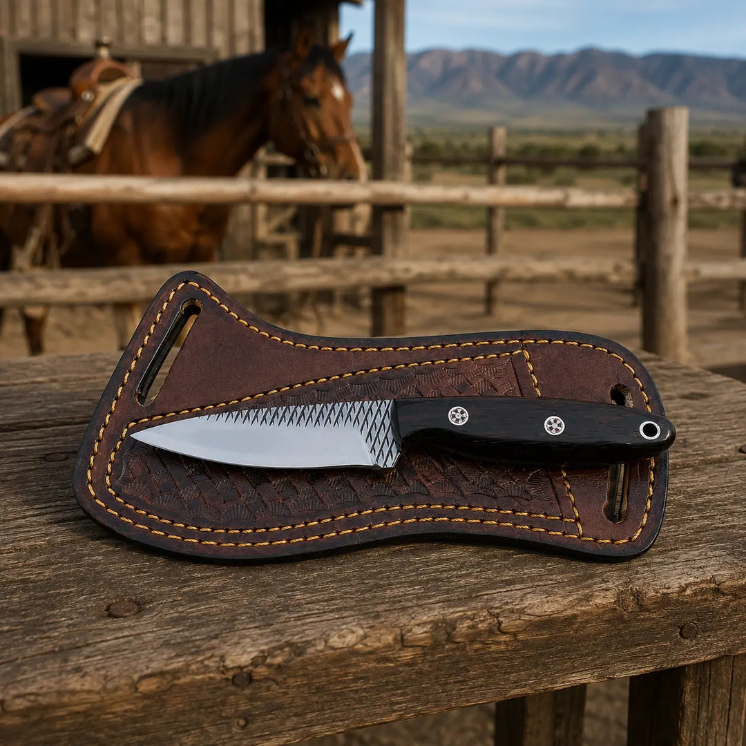Raspwood rasp steel cowboy skinner knife, full view