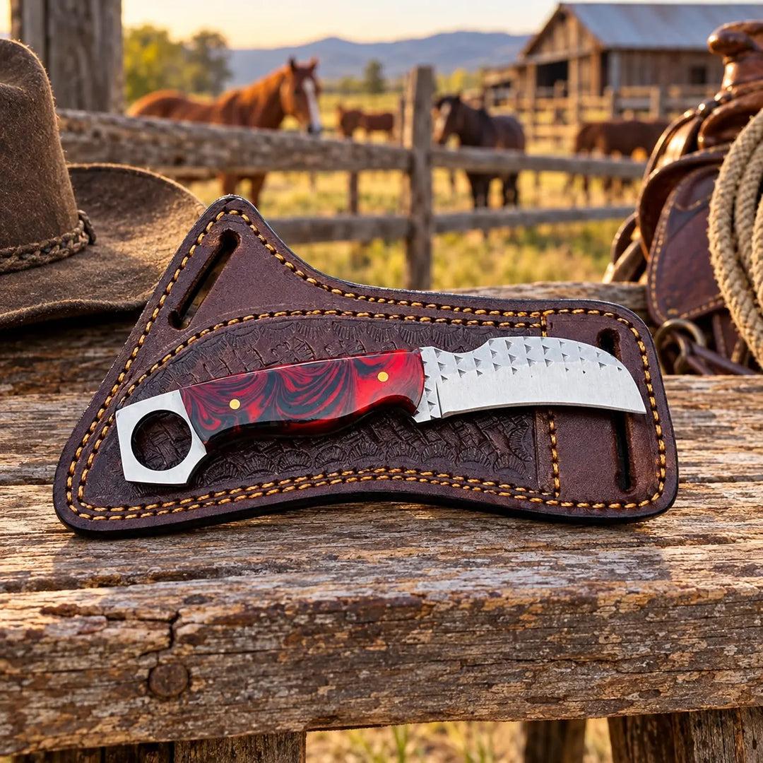 Ravenhook Rasp Steel Hawkbill Knife – Resin Handle & Leather Sheath