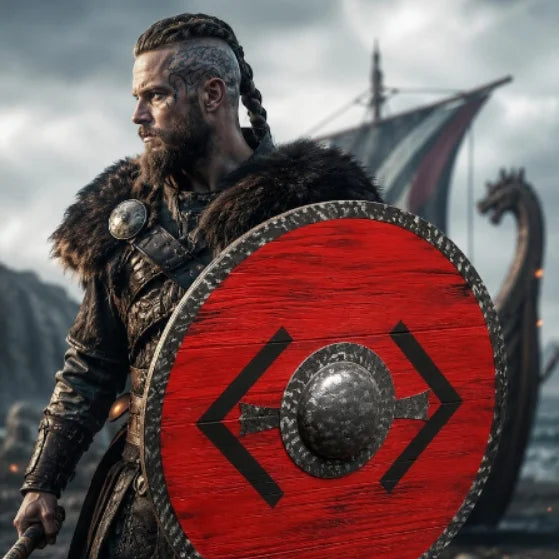 Close-up of the red and black Viking shield's steel boss and leather handle
