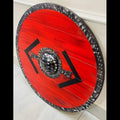Handmade red and black Viking round shield, full view