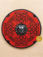Handcrafted red Viking shield, full view Celtic knotwork