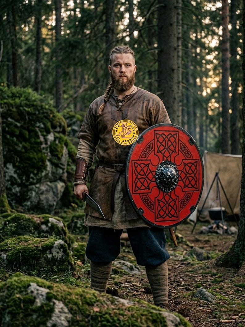 Close-up of the red Viking shield's Celtic knot pattern
