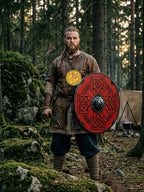 Close-up of the red Viking shield's Celtic knot pattern