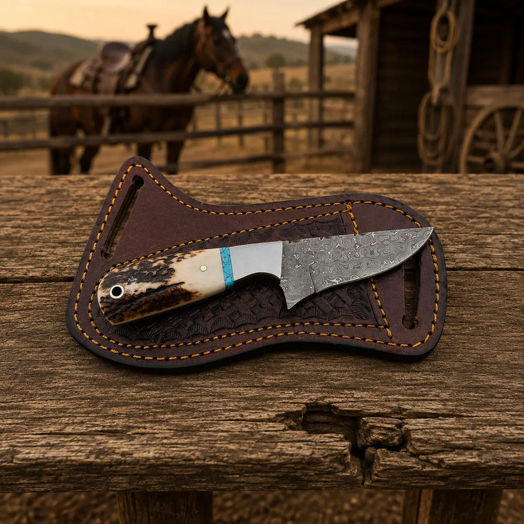 Staghaven Damascus cowboy skinner knife, full view