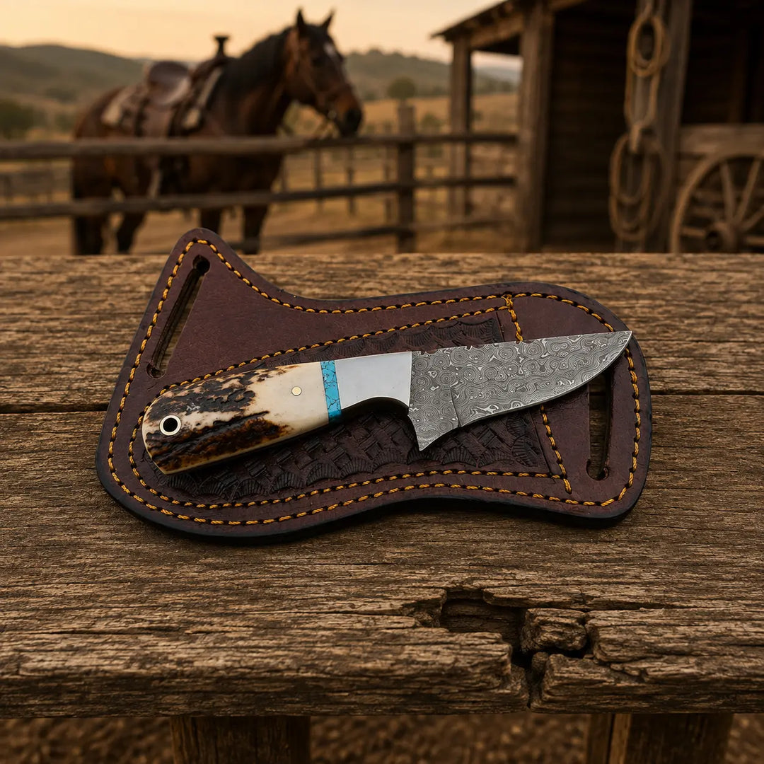 Staghaven Damascus cowboy skinner knife, full view