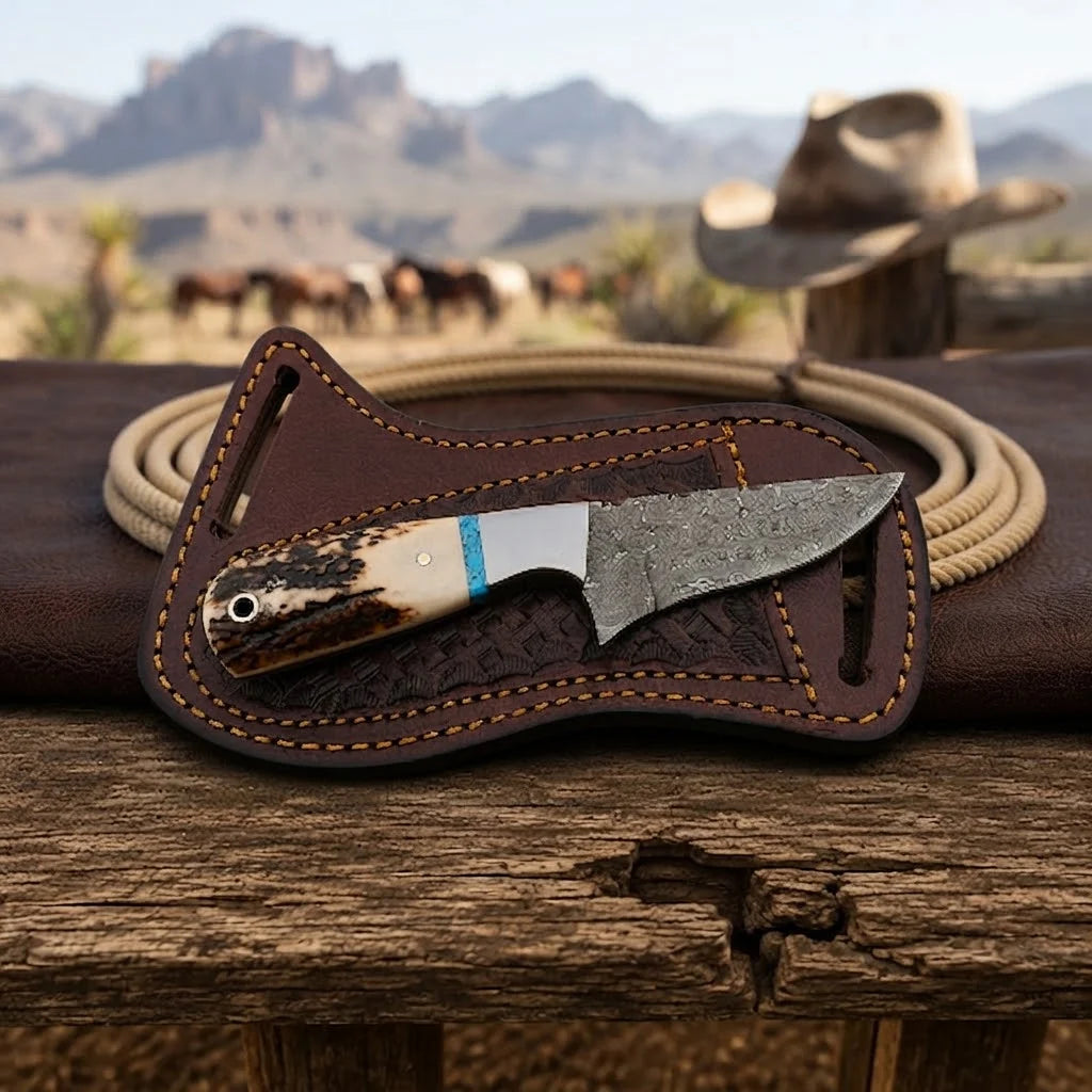 Staghaven Damascus cowboy skinner knife, full view