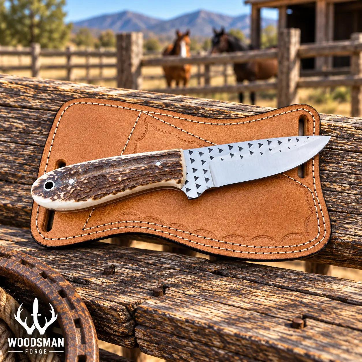 Staghollow rasp steel skinner knife, full view